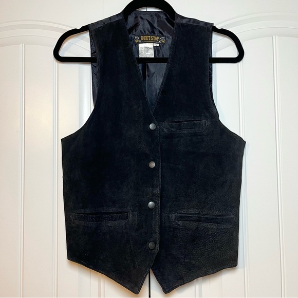 Jackets & Blazers - Vintage Black Leather Button Down Vest Western Rodeo Moto Size Large Motorcycle